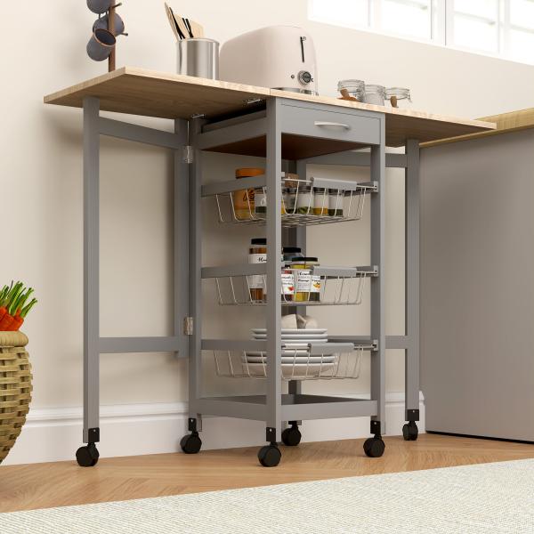 Carrinho Auxiliar Dobrável Carrinho de Cozinha com 6 Rodas 1 Gaveta e 3 Cestos de Metal 97,2x37x77,5 cm Cinza e Carvalho