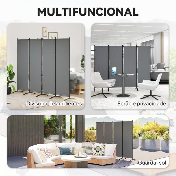 Biombo Separador de Ambientes de 4 Painéis Biombo Dobrável 221x172 cm com Pés Largos para Terraço Pátio Jardim Cinza Escuro