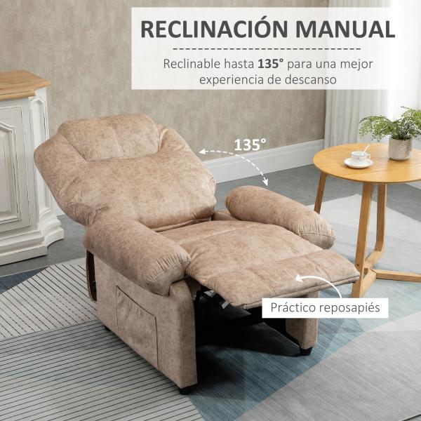 Poltrona Relax Reclinável com Apoio para os Pés Retrátil Encosto Alto Bolso Lateral Acolchoado Grosso 88x91x108 cm Bege