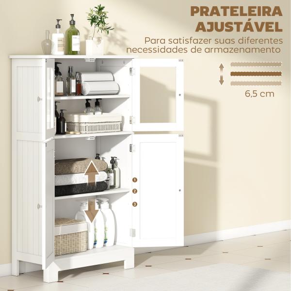 Armário Casa de Banho Móvel Auxiliar com Portas de Vidro Temperado e Prateleiras Ajustáveis 60x30x108,5cm Branco