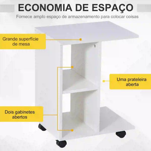 Mesa Auxiliar Moderna Mesa Auxiliar em Forma de C com Rodas e Prateleiras Abertas 45x35x58 cm Branca
