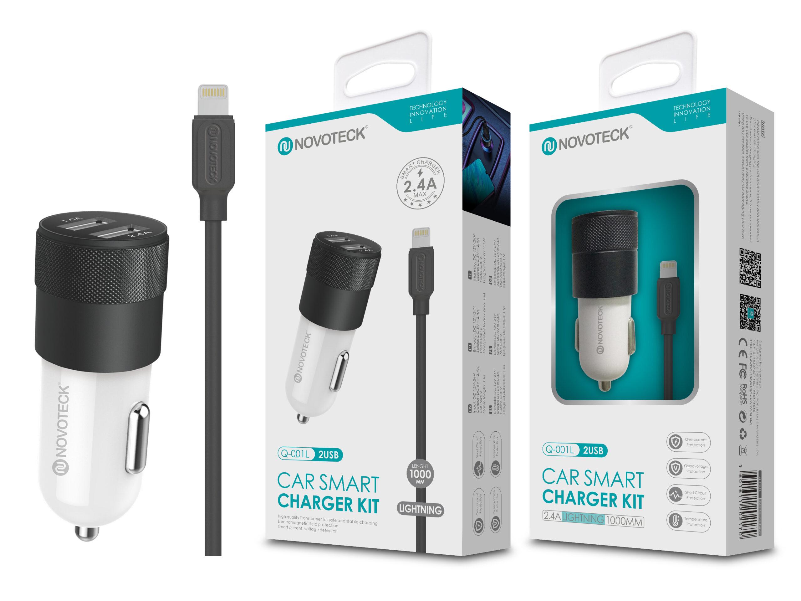 Kit Carregador Automóvel 2.4A 2 USB Negro com Cabo Lightning Q - 001L