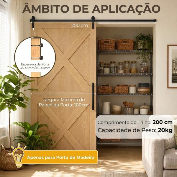 Ferragens para Porta Corredeira 200cm Kit de Acessórios para Porta Corredeira de Madeira com 2 Trilhos de Aço Carga Máxima 20 kg Preto