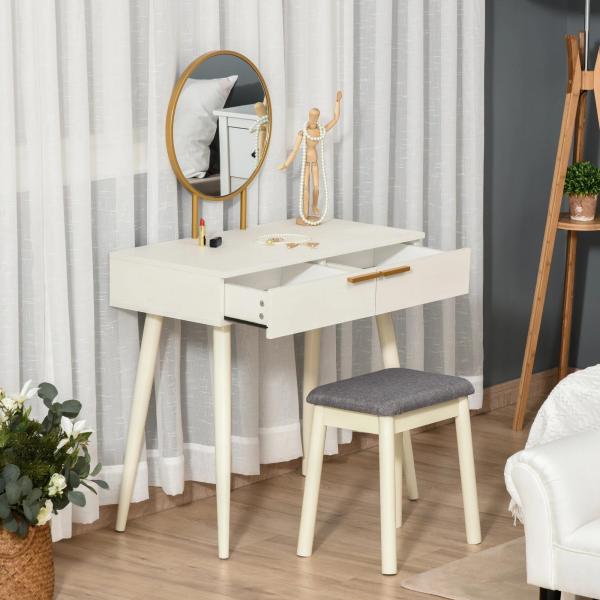 Toucador com Espelho Redondo Mesa de Maquilhagem com 2 Gavetas Estilo Moderno para Dormitório 80x40x123cm Branco