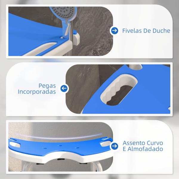 Banco de Duche para Idosos Antiderrapante com Barra de Apoio Altura Regulável e Assento em Forma de U 48,5x33x39 - 51,5 cm Azul