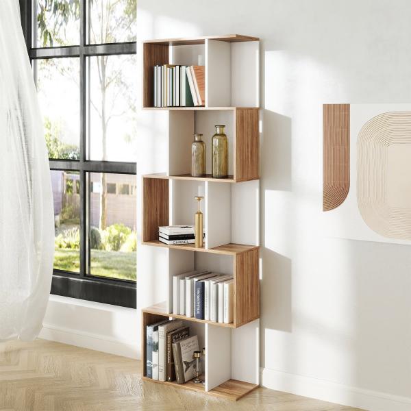 Estante para Livros Estante Alta de Parede com 5 Níveis em Forma de S Desenho Moderno 60x24x184,5cm Branco e Madeira