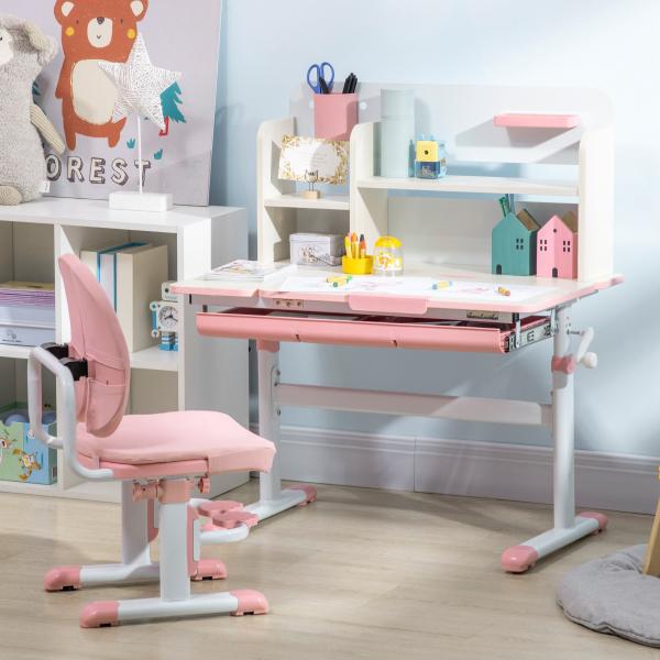 Conjunto de Secretária e Cadeira para Crianças com Altura Ajustável Gaveta Prateleiras e Bancada Inclinável 80x52x88 - 109 cm Rosa e Branco