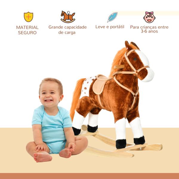 Cavalo Baloiço de Pelúcia para Crianças entre 3 - 6 Anos com Sons de Relincho 74x28x65 cm Marrom