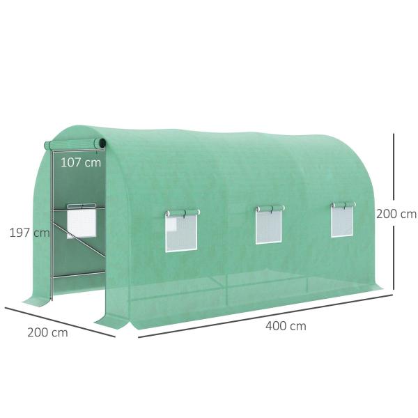 Estufa Tipo Túnel 400x200x200cm Estufa de Túnel com Portas Enroláveis e 6 Janelas Cobertura de PE 140 g/m² Estrutura de Metal para Cultivo de Plantas Verduras Verde
