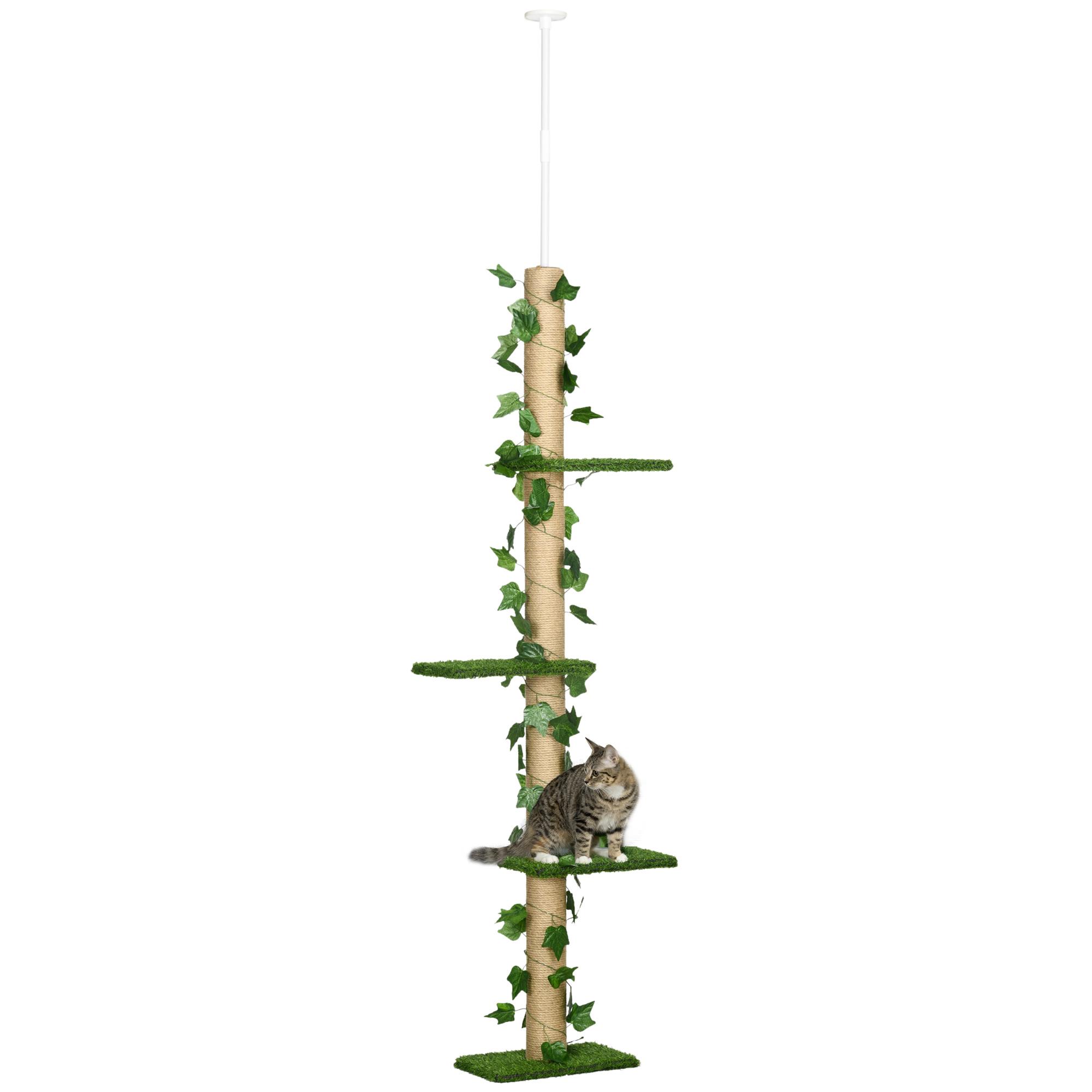 Árvore para Gatos do Chão ao Teto 37x21x202 - 242 cm com 4 Plataformas de Relva Artificial Folhas Artificiais e Poste de Juta Verde