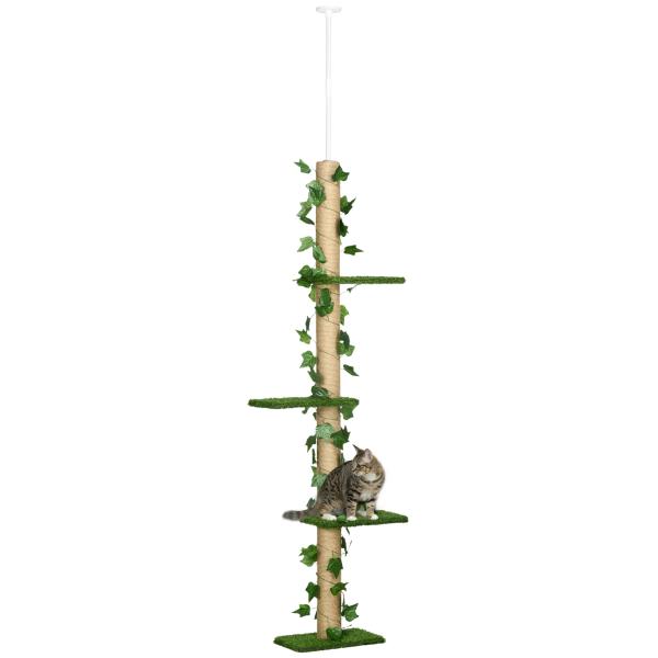 Árvore para Gatos do Chão ao Teto 37x21x202 - 242 cm com 4 Plataformas de Relva Artificial Folhas Artificiais e Poste de Juta Verde