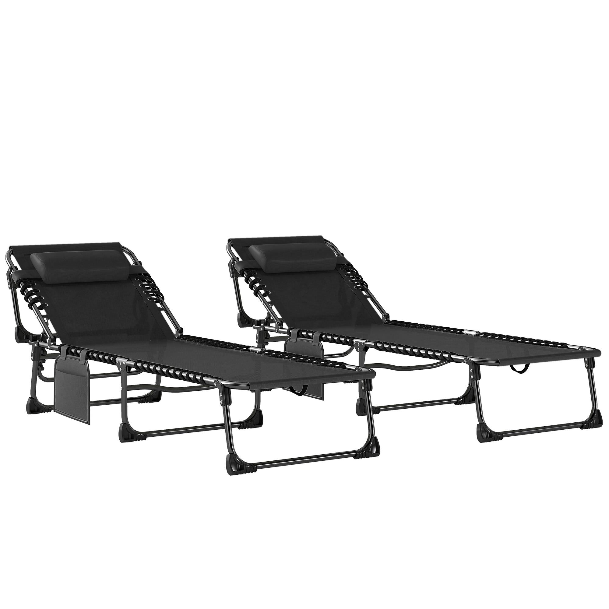 Conjunto de 2 Espreguiçadeiras Jardim Dobráveis com Apoio de Cabeça e Encosto Reclinável em 5 Posições 200x57x38 cm Preto