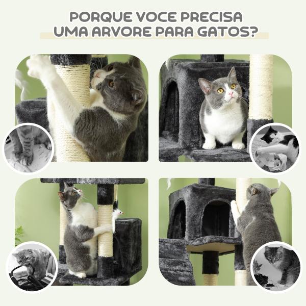 Arranhador para Gatos Grande 49x49x173 cm com Múltiplos Níveis Cavernas e Brinquedos Suspensos Cinza
