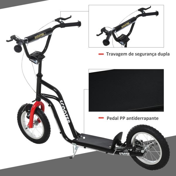 Trotinete para Crianças com Guiador Ajustável em Altura Travão Duplo e Estrutura de Aço 120x58x75 - 80 cm Preto