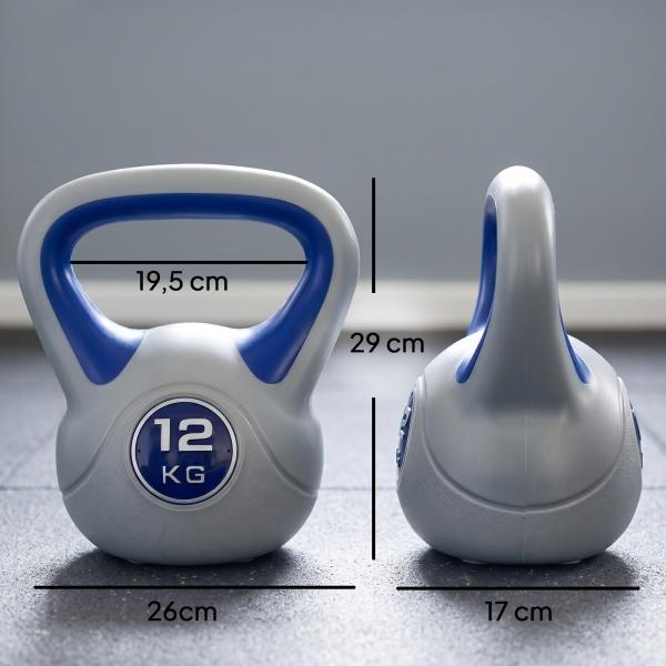 Kettlebell 12 kg Peso Russo com Revestimento de PU e Enchimento de Areia para Treinamento 24x17x28 cm Azul e Cinza