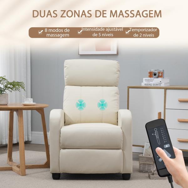 Poltrona de Massagem Reclinável com 2 Zonas de Massagem 8 Programas e 5 Níveis de Intensidade 68x88x98 cm Creme
