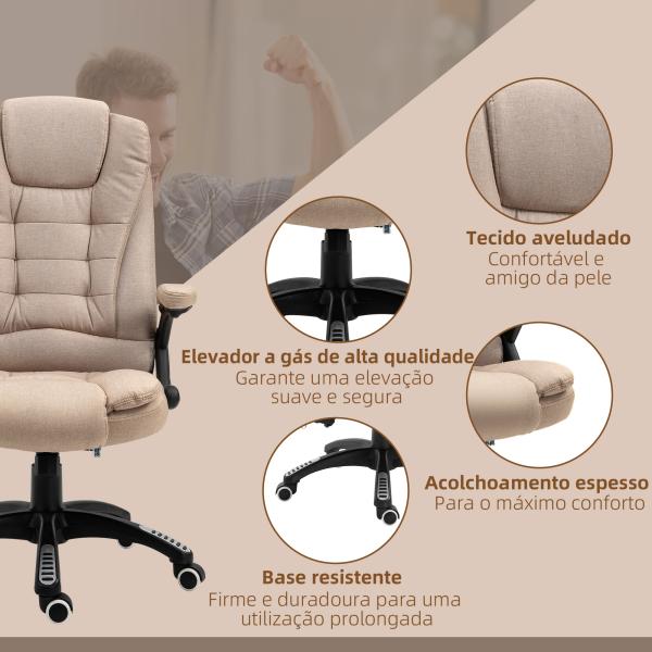 Cadeira de Escritório com Massagem 6 Pontos Reclinável até 130° com Função de Aquecimento 67x74x107 - 116 cm Castanho Claro