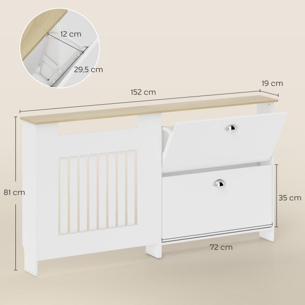 Cobertura Radiadores com Sapateira e 2 Gavetas Rebatíveis Desenho Moderno de Ripas 152x19x81 cm Branco