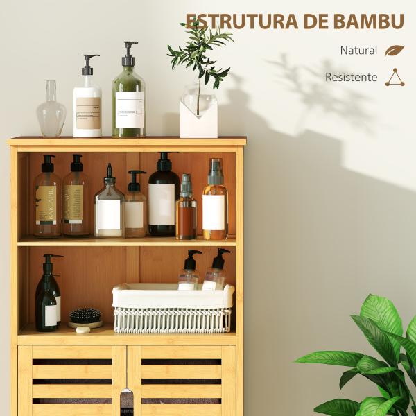 Armário Casa de Banho de Bambu Móvel Auxiliar Casa de Banho com 2 Portas 2 Prateleiras Abertas 50x29x92 cm Madeira