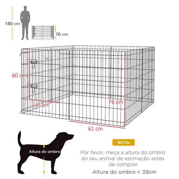 Parque para Cães 8 Painéis Dobráveis Gaiola Metálica para Animais de Estimação com Porta e Dupla Fechadura 76x61cm Preto