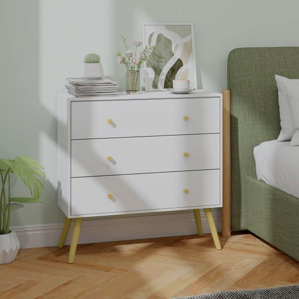 Cómoda com 3 Gavetas com Pés de Madeira de Pinho para Sala de Estar Escritório 80x30x80 cm Branco e Madeira