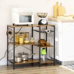 Estante de Cozinha Estilo Industrial com Tomada Elétrica Prateleiras Ajustáveis Ganchos e Cesta Metálica 90x40x83 cm Marrom Rústico
