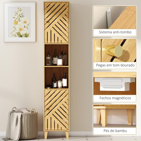 Coluna de Casa de Banho Estreita Armário de Casa de Banho Alto com Portas e Pés de Bambu 32x30x170 cm Madeira