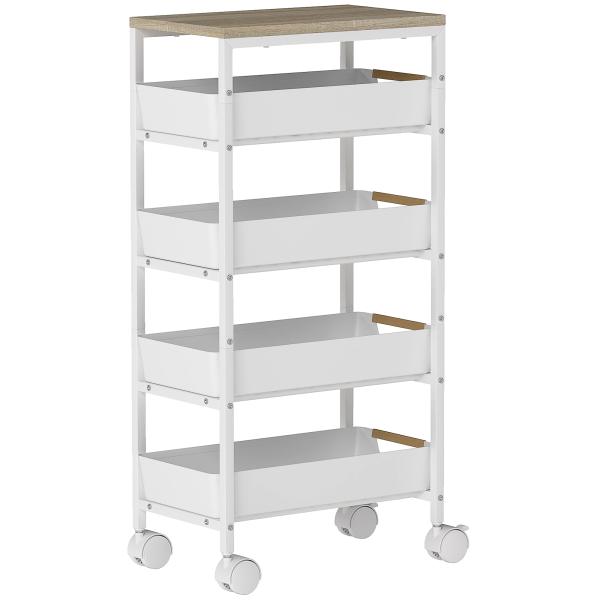 Carrinho de Cozinha de Armazenamento de 5 Níveis Carrinho Auxiliar com Rodas Bancada com Efeito Madeira 39,5x24x82 cm Branco