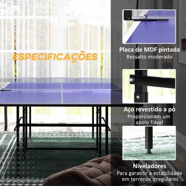 Mesa de Ping Pong Dobrável com 4 Rodas Rede 2 Raquetes e 3 Bolas para Interior e Exterior 274x152,5x75,5 cm Azul