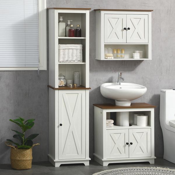 Coluna Casa de Banho com 3 Compartimentos Porta e Prateleira Ajustável 39,5x30x160 cm Branco e Madeira