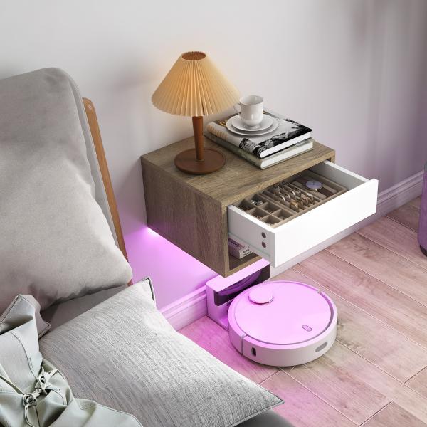 Conjunto de 2 Mesas de Cabeceira Flutuantes com Luzes LED RGB Controlo por APP e Prateleira Aberta 37x32x21 cm Madeira e Branco