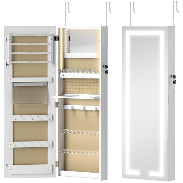 Espelho Joalheiro de Parede com Luzes LED e Fechadura para Pendurar na Parede ou na Porta 37x10,5x108 cm Branco