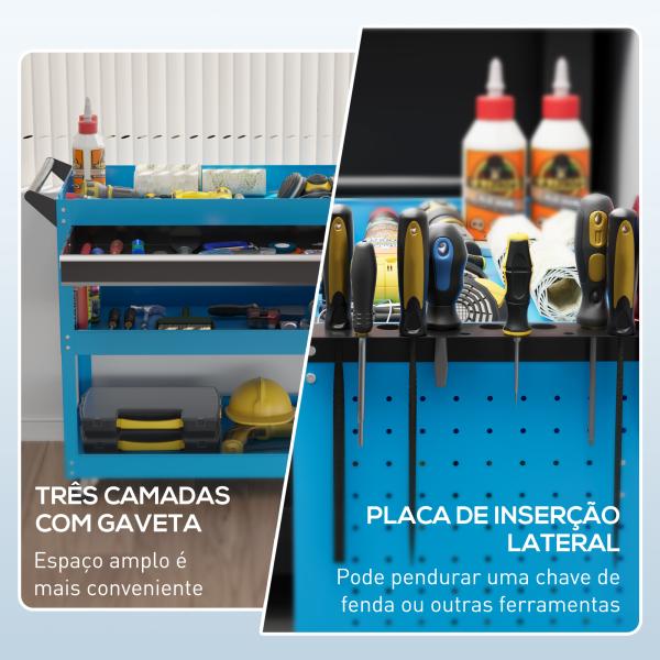 Carrinho de Ferramentas com 3 Bandejas e Gaveta Rodas com Travões Pega Lateral Painel Lateral Perfurado 82x35x76 cm Azul