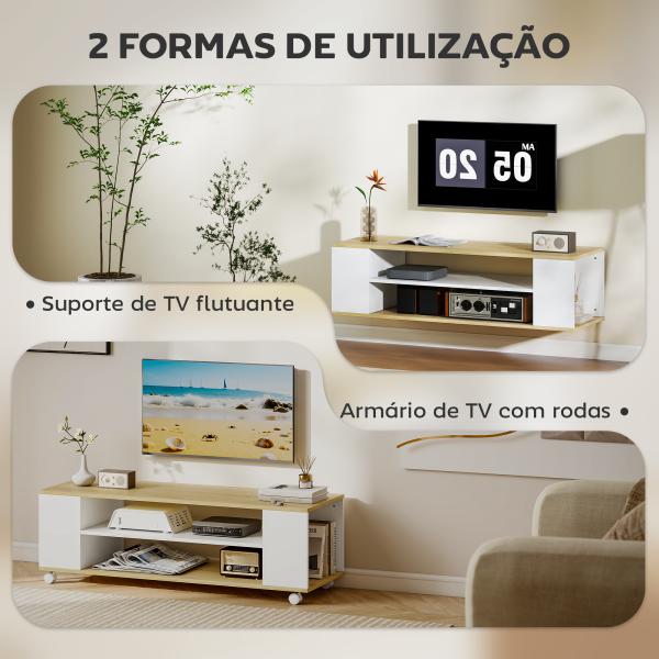 Móvel para TV com Rodas Armário para TV Flutuante com 2 Portas e 2 Prateleiras 120x40x38,5cm Branco e Madeira