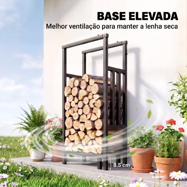 Lenheiro Exterior em Aço Resistente para Lenha com Largura e Altura Ajustáveis, Carga 100 kg, 45,5 - 75,5x25x98 - 170 cm, Preto