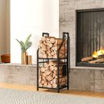 Suporte Metálico para Lenha 2 Níveis com 4 Ferramentas Ganchos e Base Elevada para Interior e Exterior 34x30x80 cm Preto