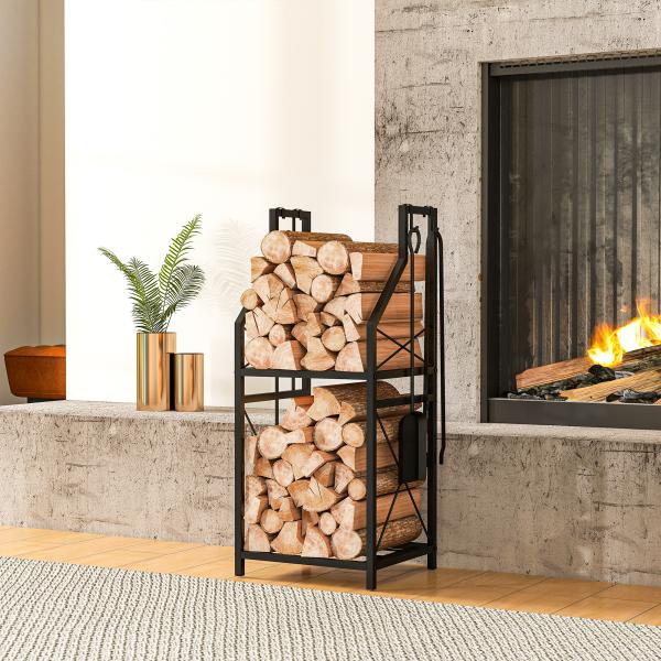 Suporte Metálico para Lenha 2 Níveis com 4 Ferramentas Ganchos e Base Elevada para Interior e Exterior 34x30x80 cm Preto