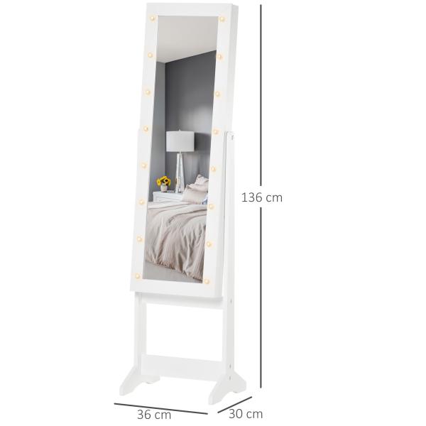 Guarda - Joias de Pé, com Espelho, Armário para Joias 16 Luzes LED Reclinável 36x30x136cm Branco