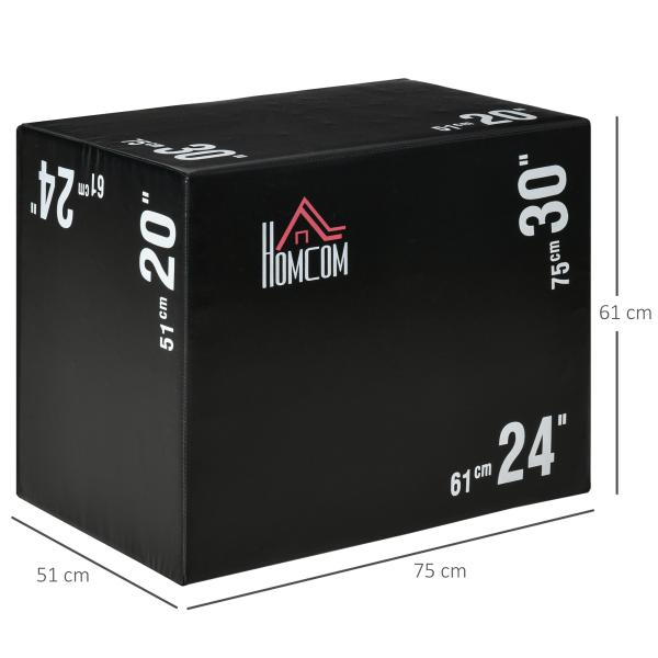 Caixa Pliometria com Fecho de Correr Caixa de Salto com 3 Diferentes Alturas Carga Máxima 120 kg 75x51x61 cm Preto