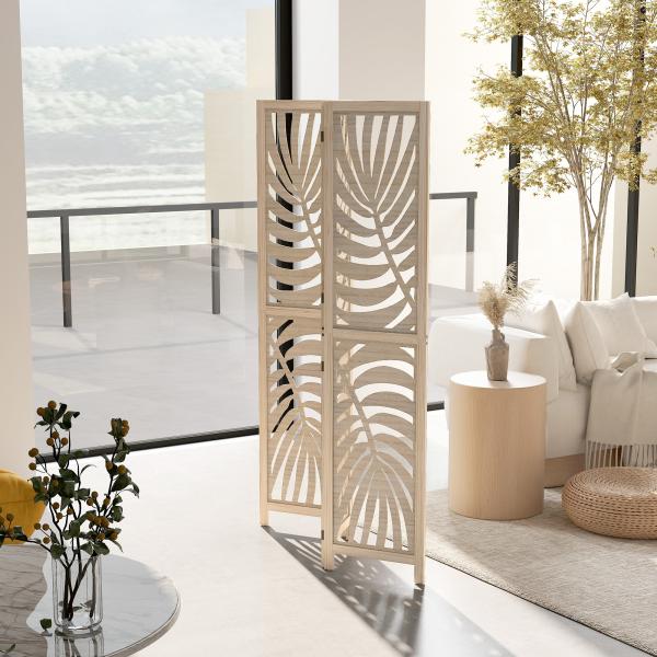 Biombo de 3 Painéis Separador de Ambientes Dobrável 120x170 cm com Estampado de Folhas de Palmeira Tropical Madeira