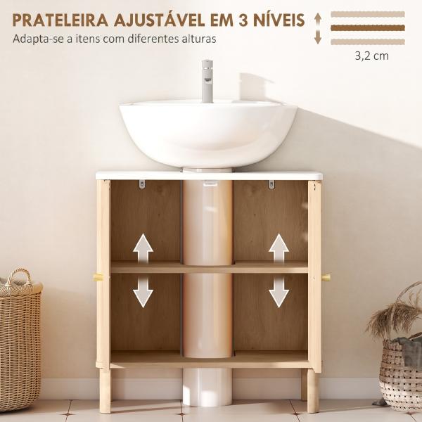 Móvel para Lavatório com Prateleira Ajustável e Tampo Efeito Mármore para Lavatório com ou sem Coluna 60x30x63 cm Carvalho