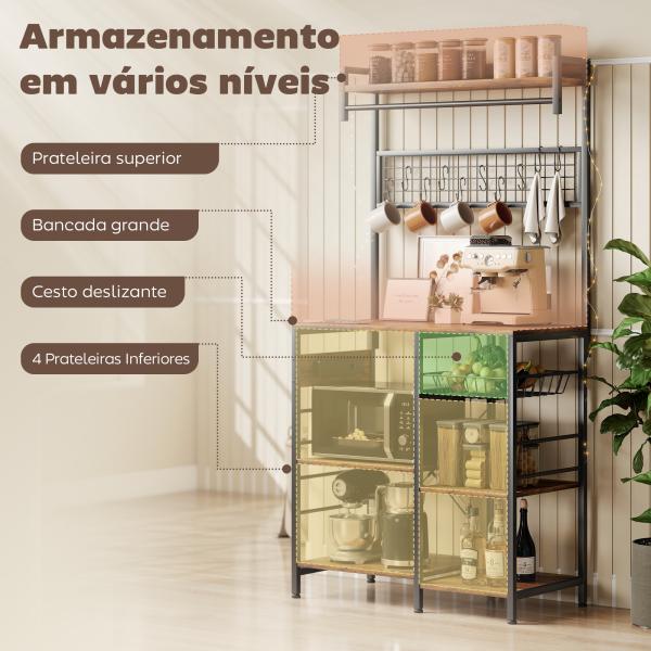 Estante de Cozinha com Três Tomadas e Luzes LED Estilo Industrial com Prateleiras para Micro - ondas 80x42x162 cm Castanho Rústico e Preto
