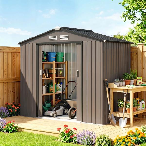 Abrigo de Jardim 213x130x185 cm Abrigo de Jardim Metálico de Exterior com 2 Portas Deslizantes e 4 Janelas Marrom