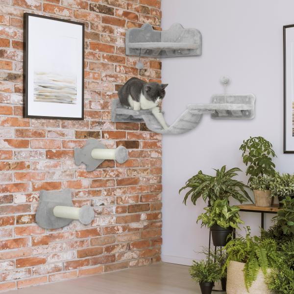 Conjunto de Prateleiras de Escalada para Gatos de 4 Peças com 2 Postes de Sisal e Plataforma para Saltar Cinzento