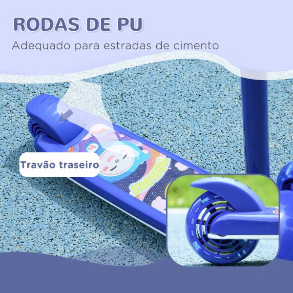 Trotinete para Crianças Trotinete com 3 Rodas LED Altura Ajustável Carga 25 kg 52x29x63 - 76 cm Azul