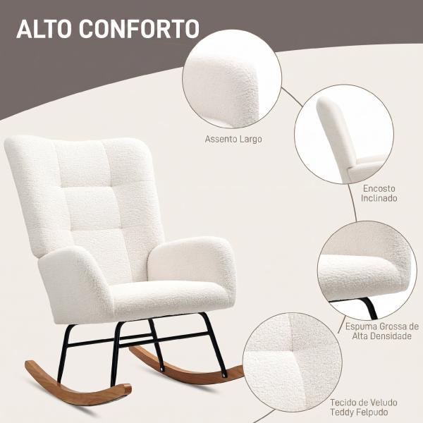 Cadeira de Baloiço em Tecido Teddy com Apoios de Braços, Acolchoado Espesso e Pés de Madeira, Creme