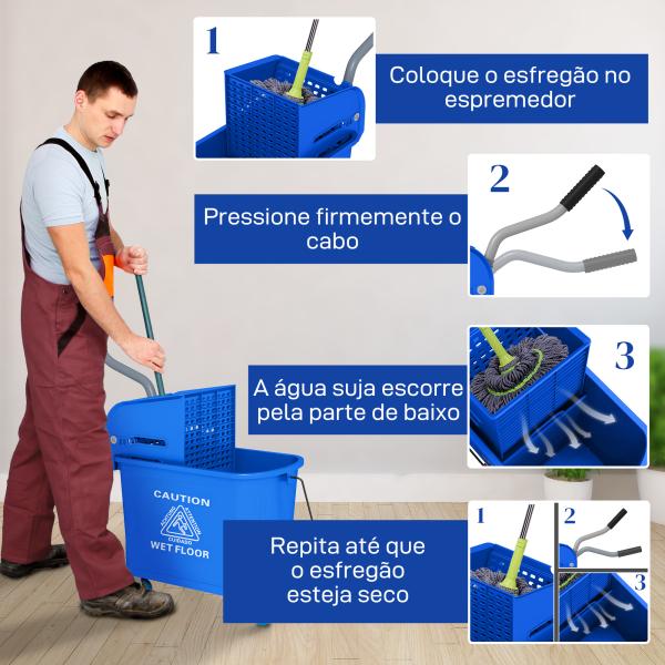 Balde de Esfregona com Rodas 20 L Balde com Escorredor e Asa de Transporte para Uso Doméstico e Comercial Azul