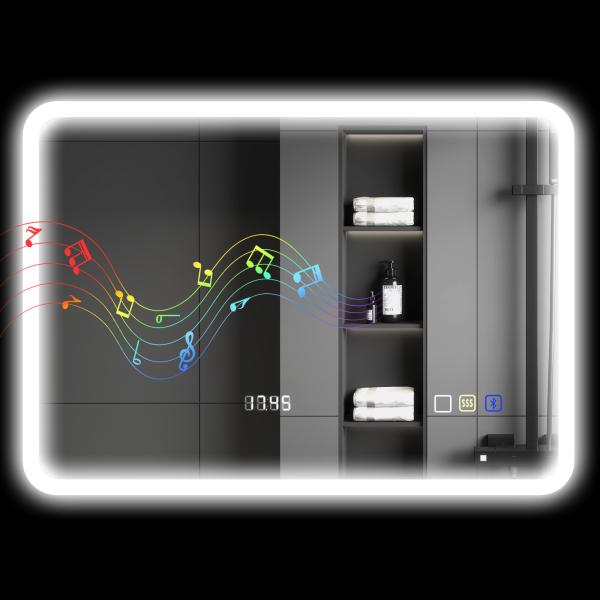 Espelho de Casa de Banho com Luz LED 70x50 cm Bluetooth 3 Cores de Luz Relógio Digital Função Antiembaciamento Função de Memória Prata