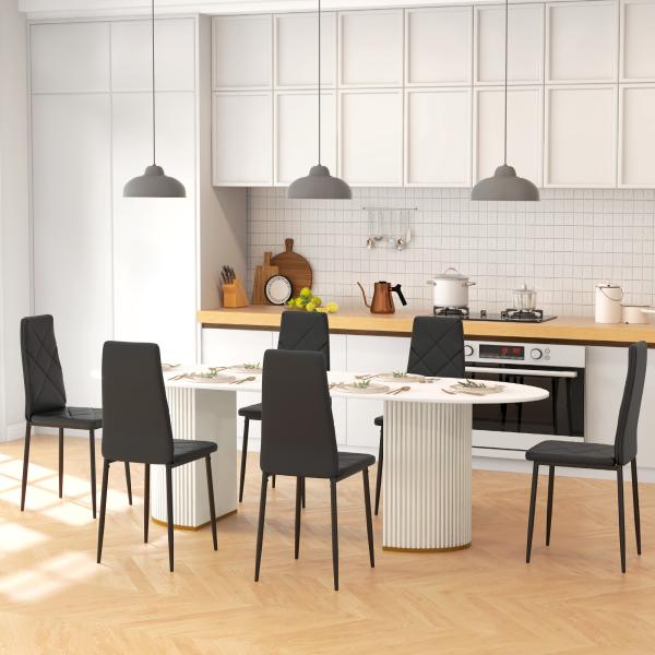 Conjunto de 6 Cadeiras de Sala de Jantar Estofadas em Couro Sintético com Encosto Alto e Pés de Aço 41x50x97cm Preto