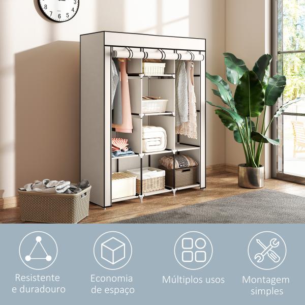 Roupeiro de Tecido Dobrável com 8 Prateleiras de Armazenamento e 2 Barras de Pendurar 125x43x162,5cm Creme